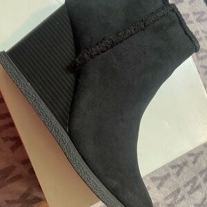 NIB Sun + Stone Black Suede Wedge Ankle Bootie